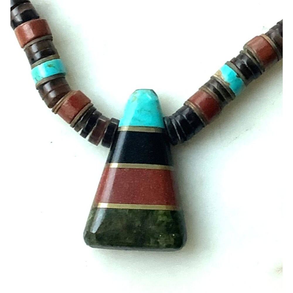 Vintage Southwest Necklace Inlaid Stone Pendant Heishi Shell Turquoise 15"